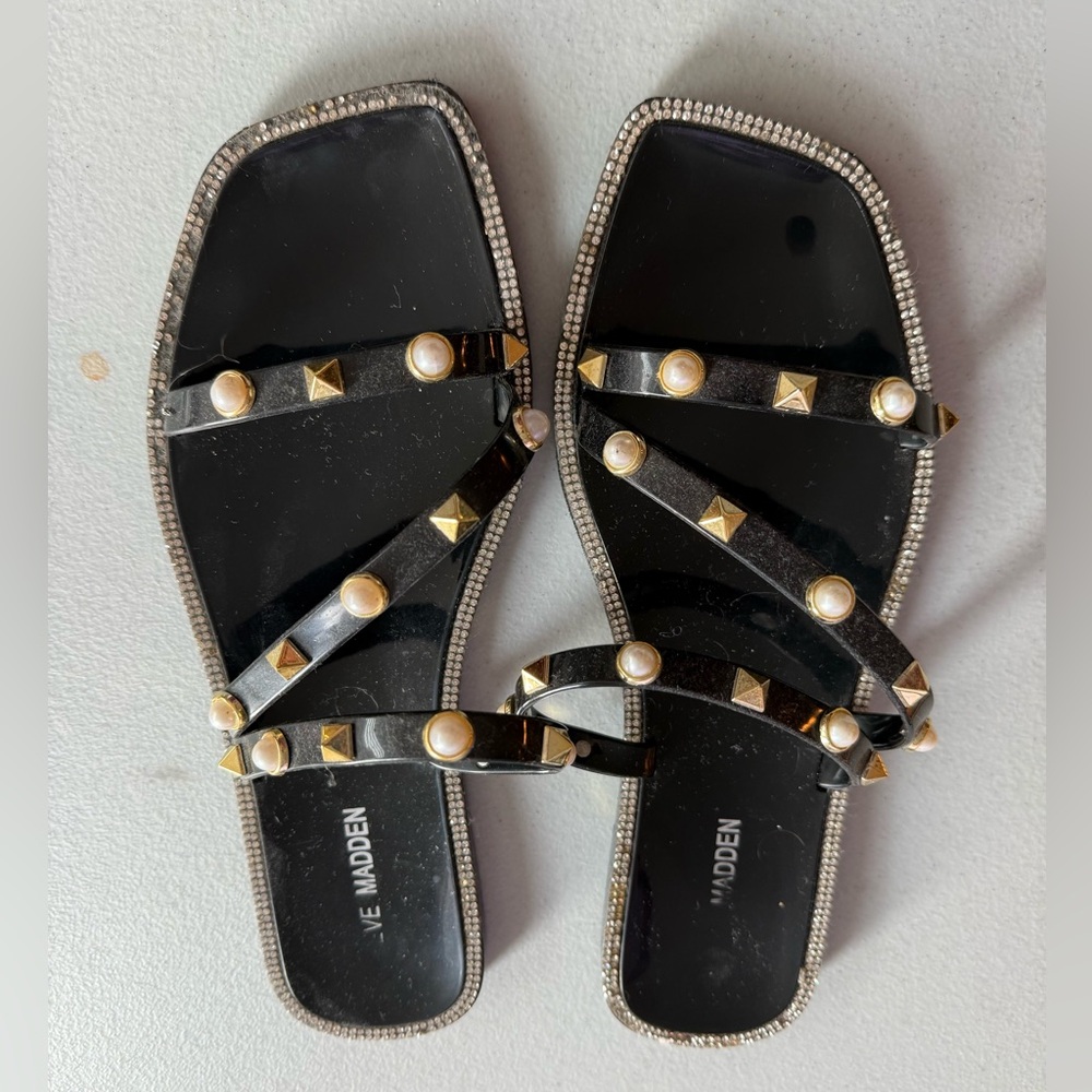 Steve Madden Black Sandals with Pearl and Gold Studs